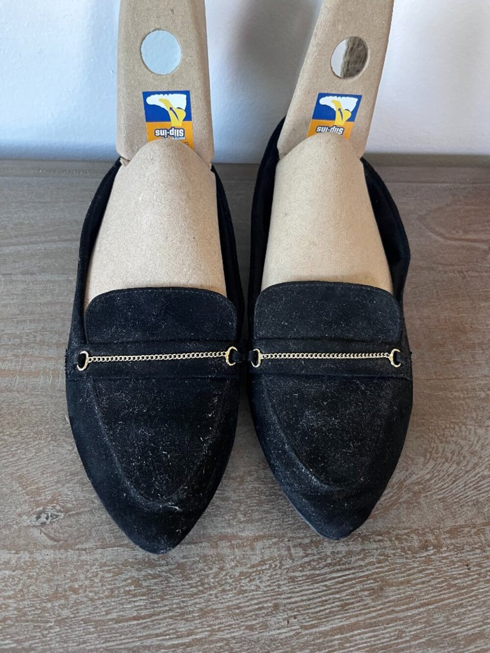 Women's Black Suede Chain Detail Loafer Flats.